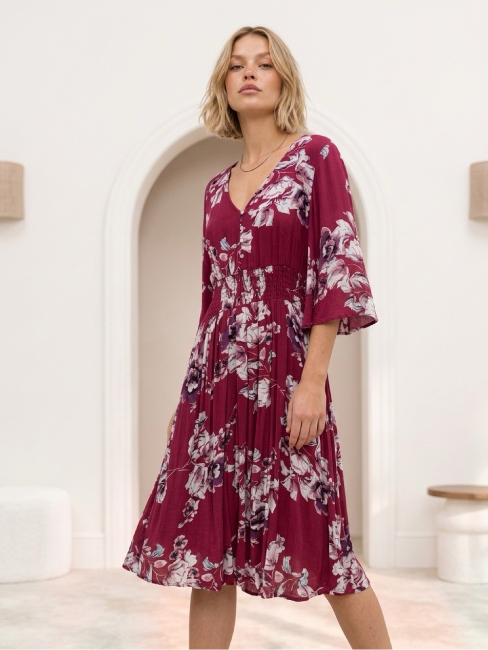 Floral V-Neck Midi Dress in Burgundy